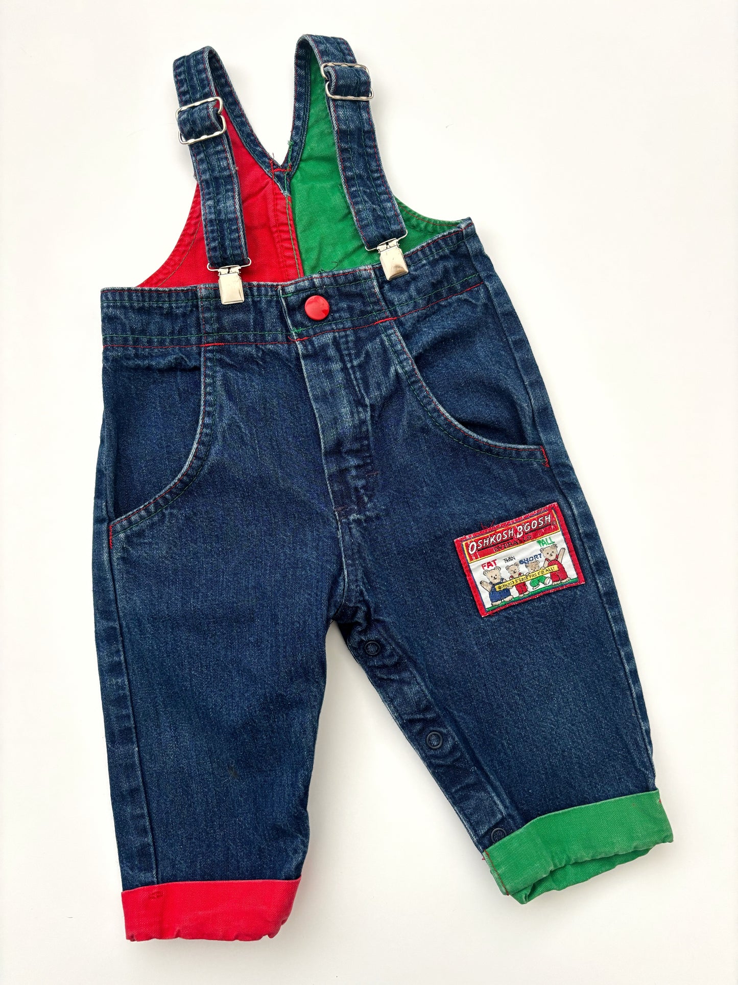 Vintage Oshkosh B’Gosh Red & Green Turn Up Dungarees Age 6-9 Months
