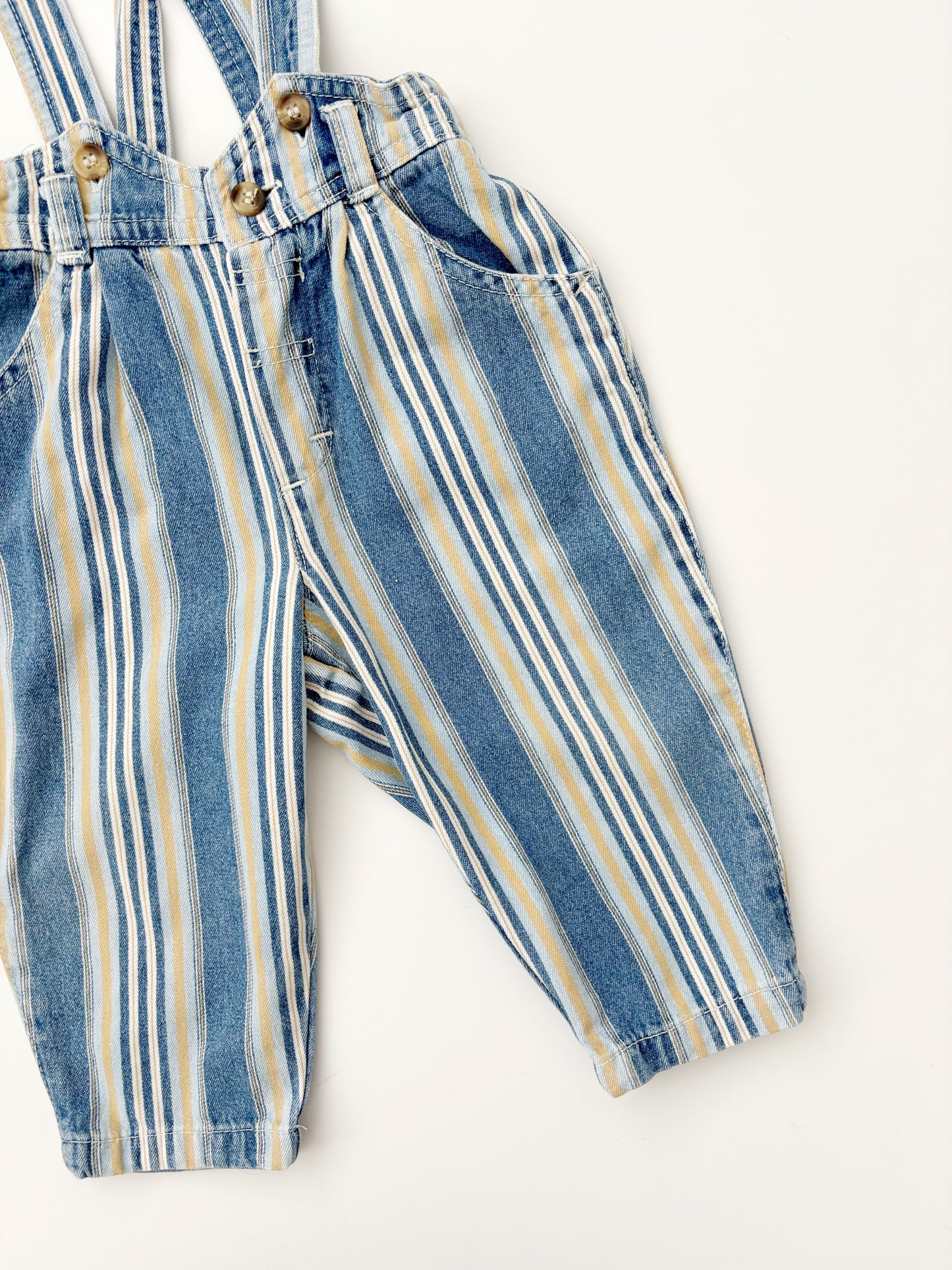 Vintage Lemon & Blue Stripe Dungarees 9-12 Months