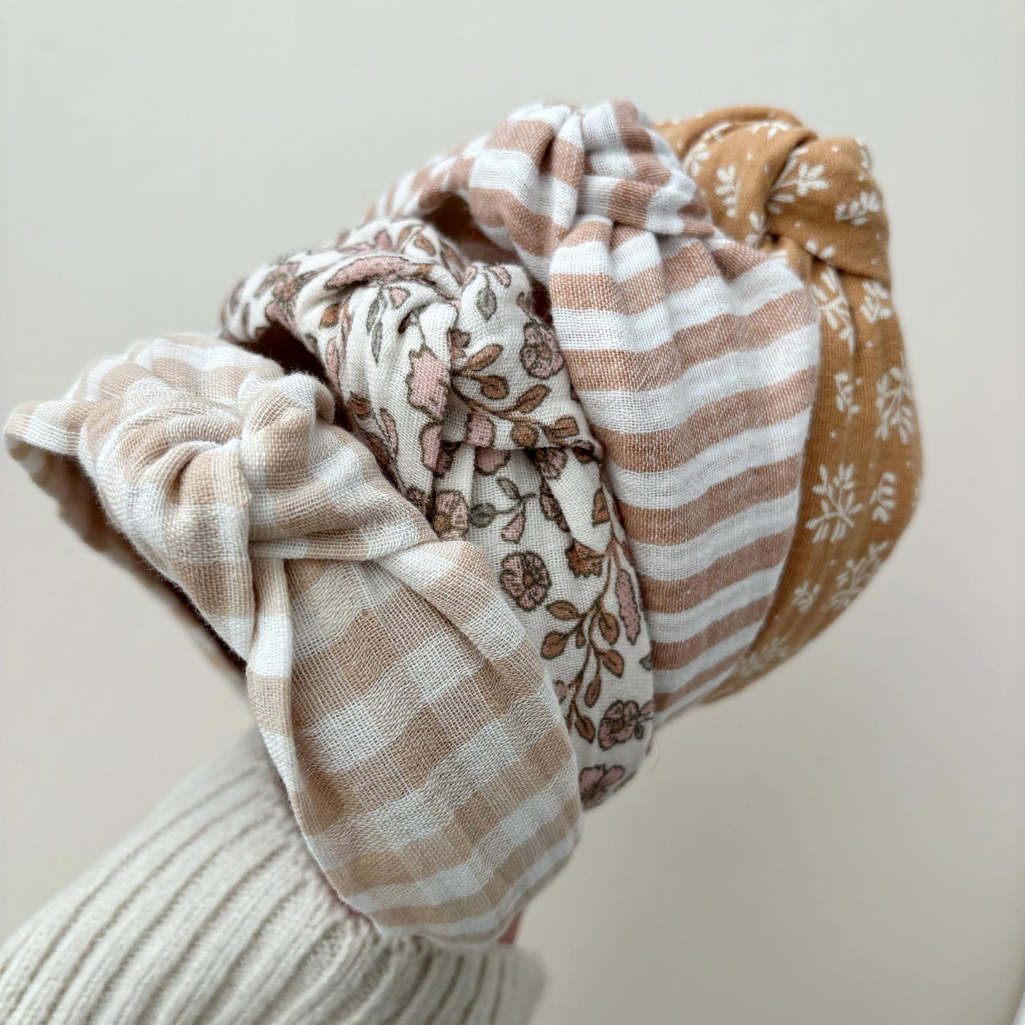Beige Gingham Knot Headband image 3