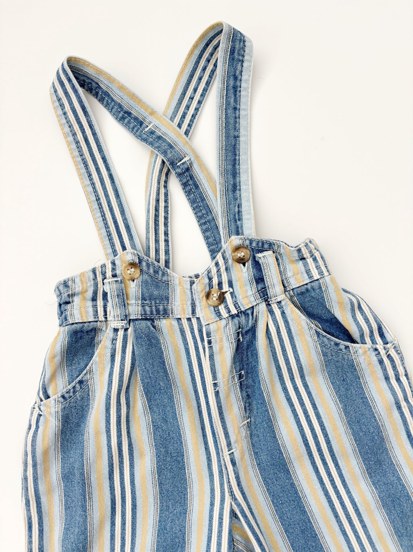 Vintage Lemon & Blue Stripe Dungarees 9-12 Months
