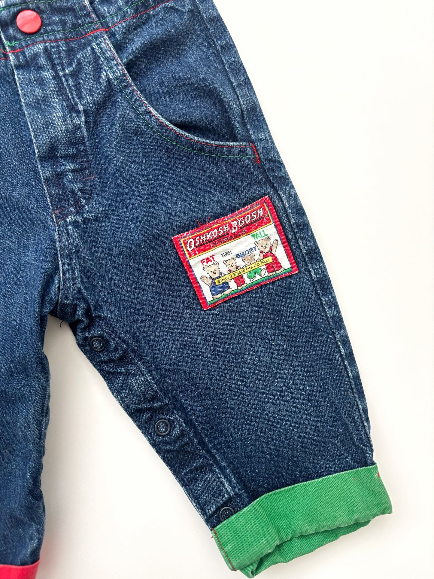 Vintage Oshkosh B’Gosh Red & Green Turn Up Dungarees Age 6-9 Months