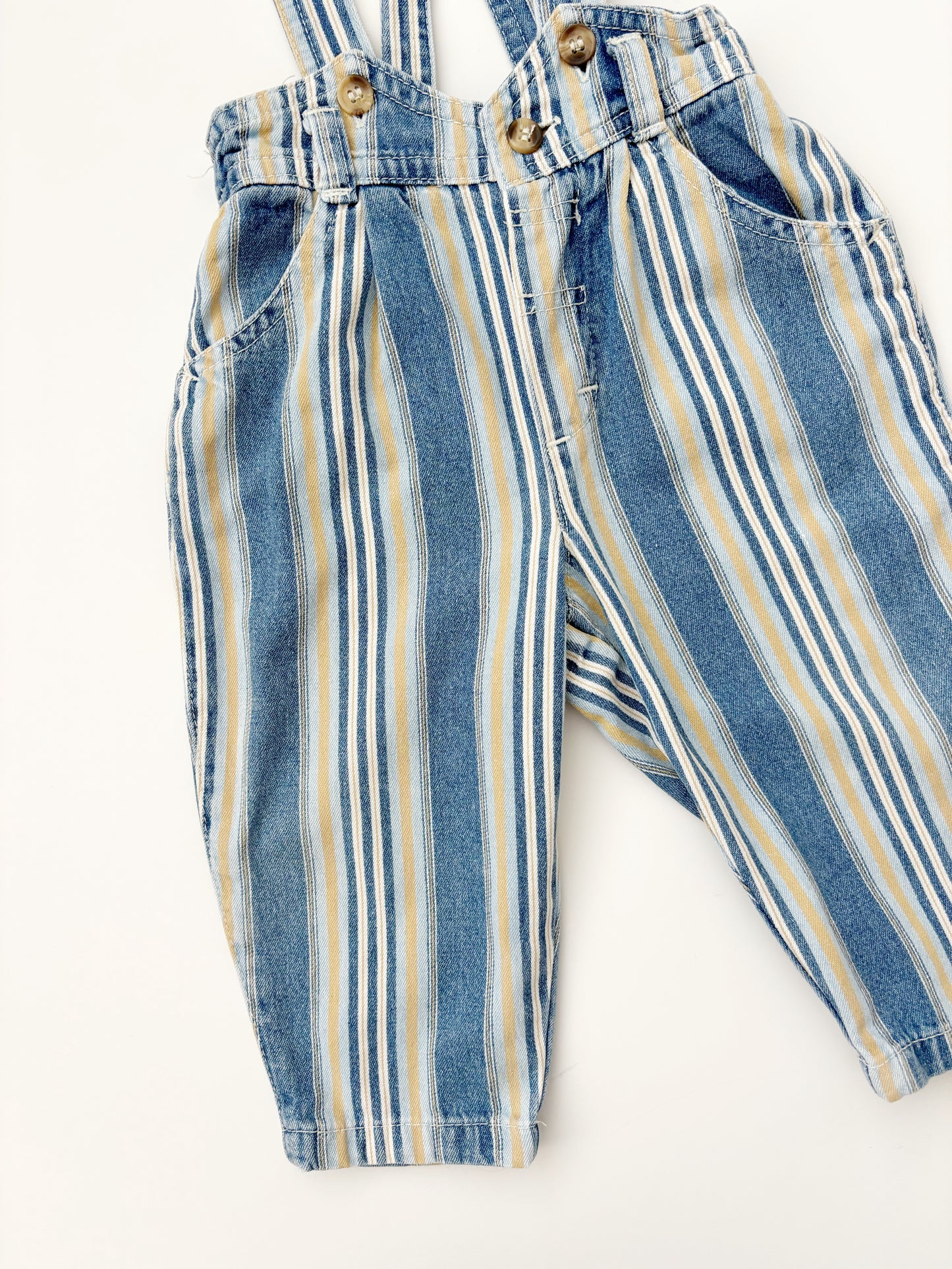 Vintage Lemon & Blue Stripe Dungarees 9-12 Months