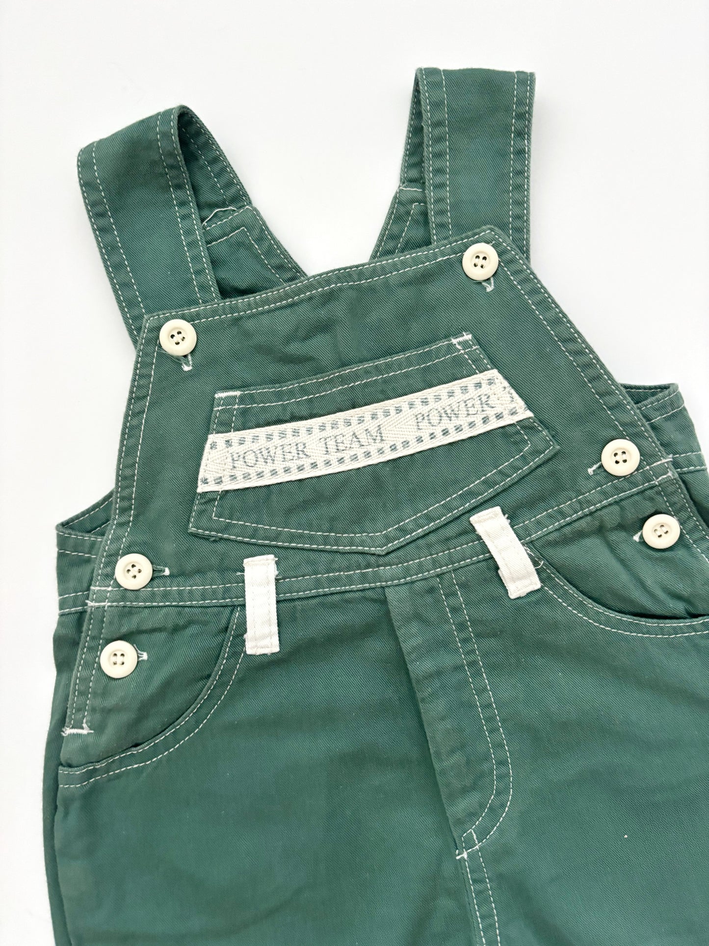 Green Vintage “Power Team” Dungarees Age 6-12 Months
