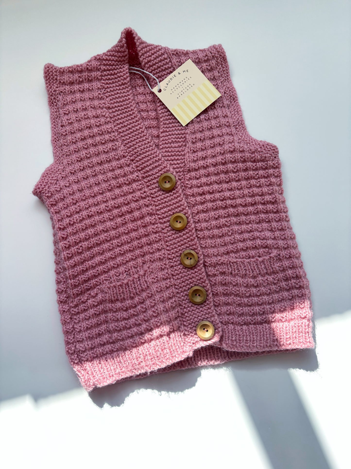 Dusky Pink Handknit Sleeveless Cardigan Age 3/4