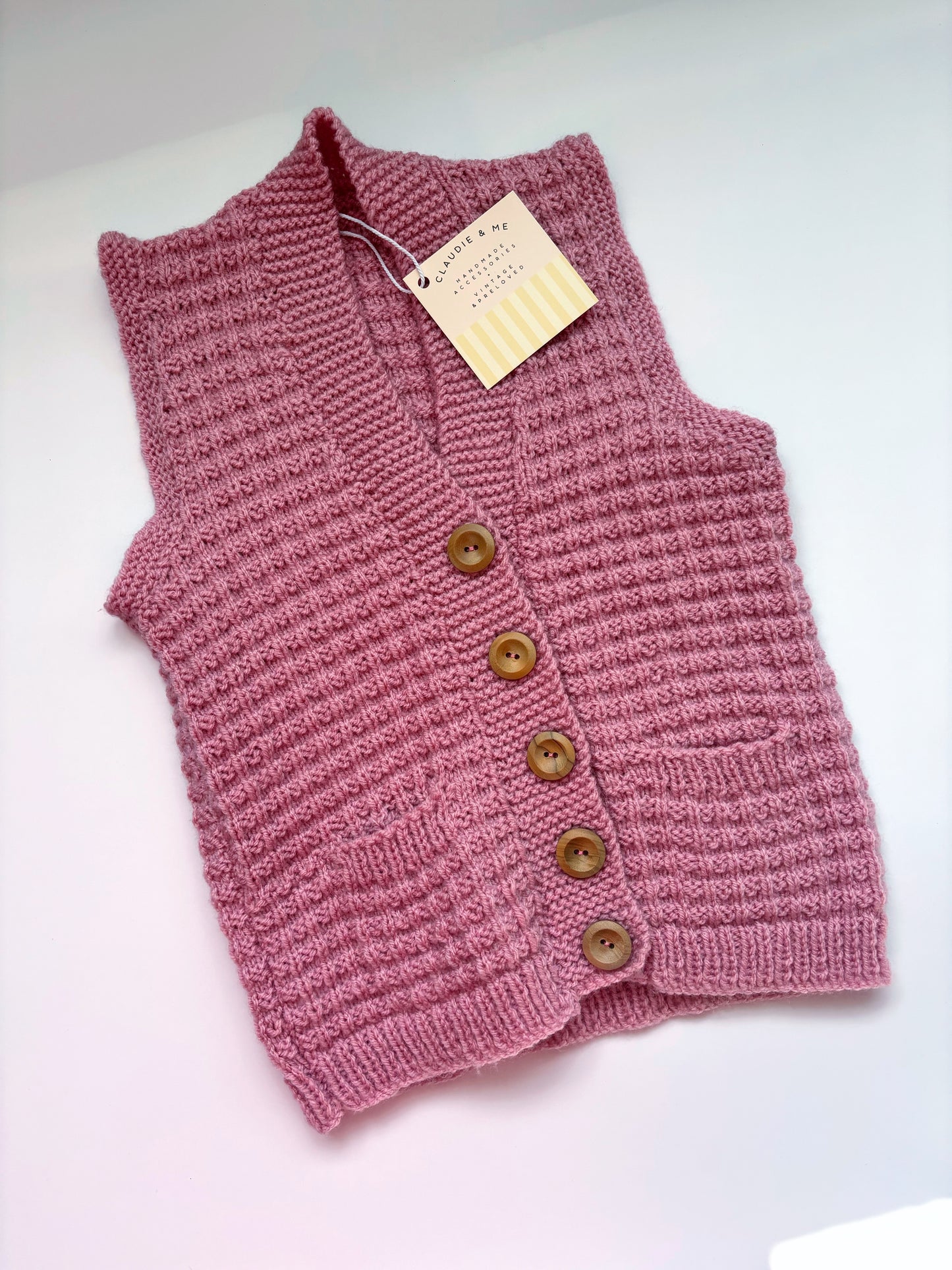 Dusky Pink Handknit Sleeveless Cardigan Age 3/4