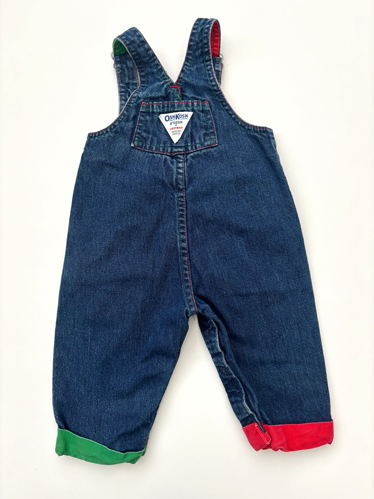 Vintage Oshkosh B’Gosh Red & Green Turn Up Dungarees Age 6-9 Months