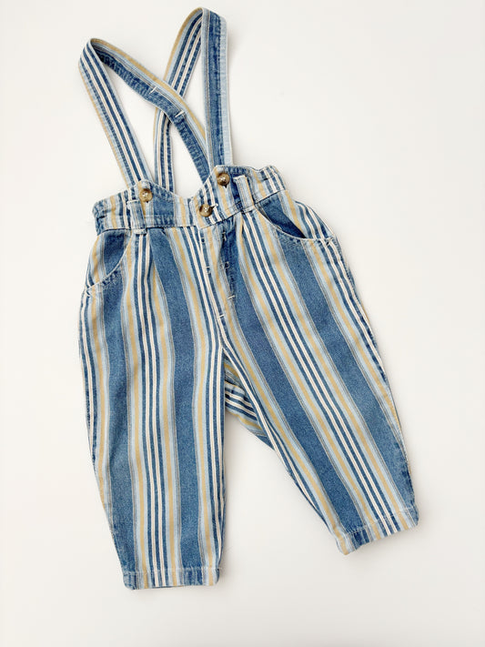Vintage Lemon & Blue Stripe Dungarees 9-12 Months